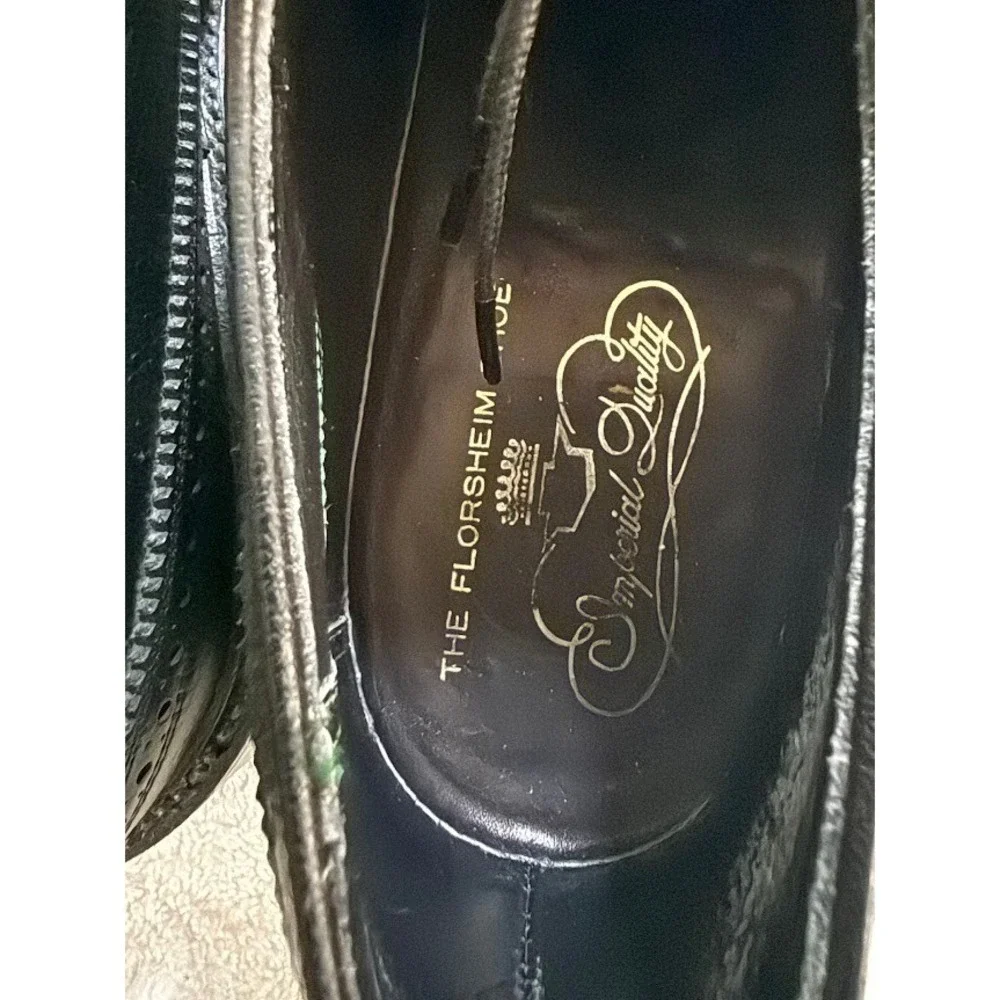 Vintage Florsheim Imperial Long Wingtip Black Leather Oxford Dress Shoes Men 10A
